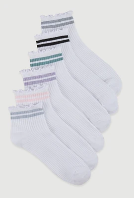 Womens Ribbed Knit Varsity Stripe Quarter Socks 6 Pack Size 4-10, White