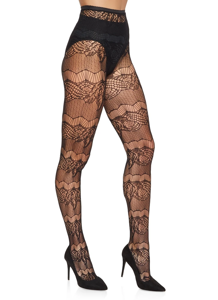Womens Patterned Detail Fishnet Tights, Black
