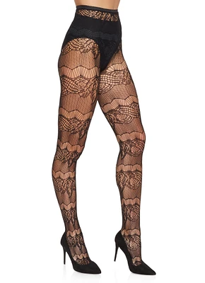Womens Patterned Detail Fishnet Tights, Black