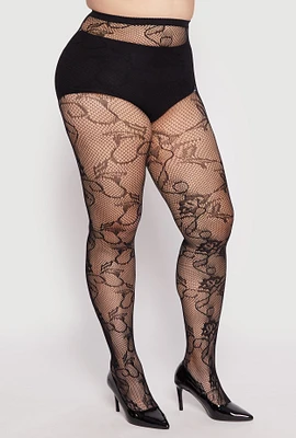 Womens Plus Size Patterned High Waisted Tights, Black