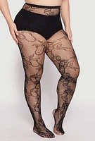 Womens Plus Size Patterned High Waisted Tights, Black