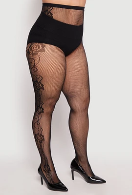 Womens Plus Size Patterned High Waisted Tights, Black