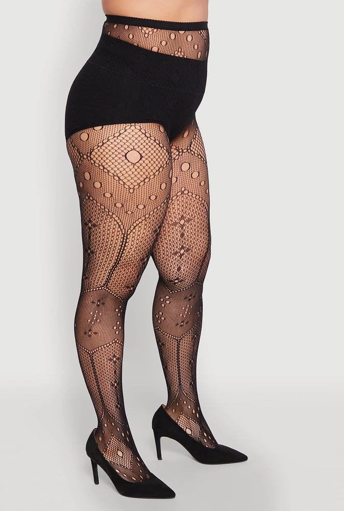 Womens Plus Size Fishnet Patterned High Waist Tights, Black