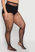 Womens Plus Size Fishnet Patterned High Waist Tights, Black
