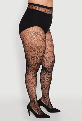 Womens Plus Size Fishnet Patterned High Waist Tights, Black