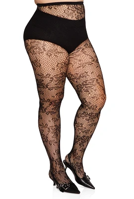 Womens Plus Size Patterned Fishnet Tights, Black