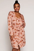 Womens Plus Size Teddy Bear Print Cami Nightgown and Robe, Brown, Size 2X