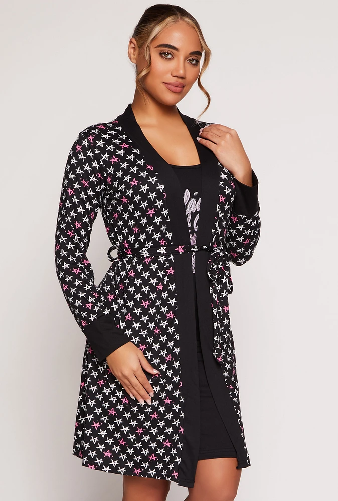Womens Glitter Graphic Cami Nightgown with Robe, Black, Size M
