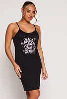 Womens Glitter Graphic Cami Nightgown with Robe, Black, Size L