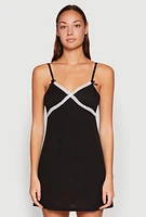 Womens Ribbed Knit Lace Detail Cami Nightgown, Black, Size M