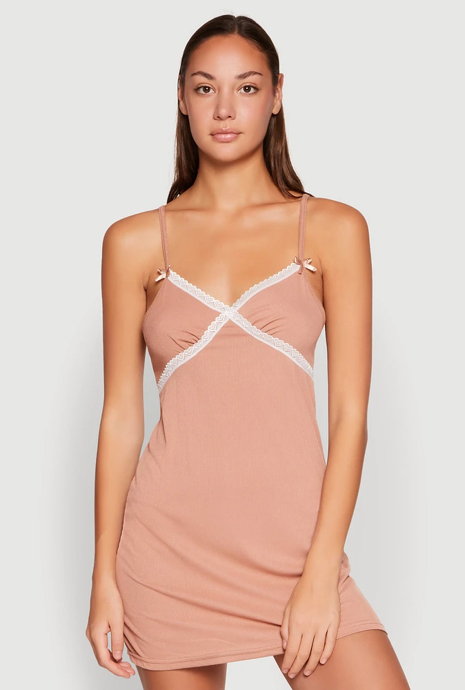 Womens Ribbed Knit Lace Detail Cami Nightgown,
