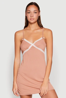 Womens Ribbed Knit Lace Detail Cami Nightgown,