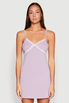 Womens Ribbed Knit Lace Detail Cami Nightgown, Purple, Size L