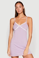 Womens Ribbed Knit Lace Detail Cami Nightgown, Purple, Size L