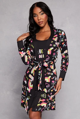Womens Be You Beloved Graphic Cami Nightgown with Robe, Black, Size S