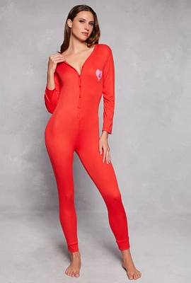 Womens Love Yourself Ribbed Button Front Pajama Onesie, Red, Size M