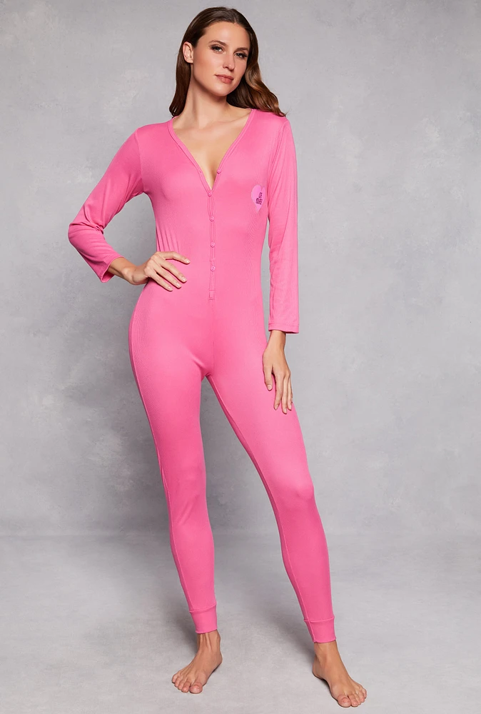 Womens Love Yourself Ribbed Button Front Pajama Onesie, M