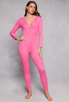Womens Love Yourself Ribbed Button Front Pajama Onesie, M