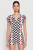 Womens Love Checkered Print Button Front Pajama Romper, Multi, Size XL