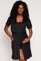 Womens Soft Knit Pajama Cami and Shorts with Lace Detail Robe, Black, Size M