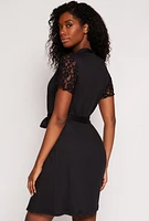 Womens Soft Knit Pajama Cami and Shorts with Lace Detail Robe, Black, Size M
