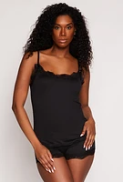 Womens Soft Knit Pajama Cami and Shorts with Lace Detail Robe, Black, Size M