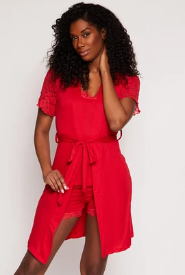Womens Soft Knit Pajama Cami and Shorts with Lace Detail Robe, Red, Size L
