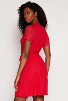 Womens Soft Knit Pajama Cami and Shorts with Lace Detail Robe, Red, Size S