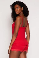 Womens Soft Knit Pajama Cami and Shorts with Lace Detail Robe, Red, Size L