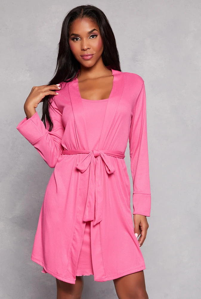 Womens Ribbed Cami Nightgown with Robe, Pink,