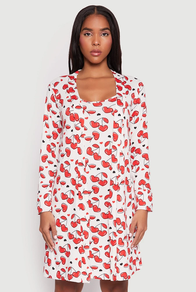 Womens Cherry Heart Print Cami Nightgown and Robe, White, Size M