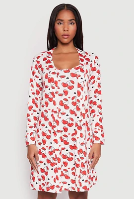 Womens Cherry Heart Print Cami Nightgown and Robe, White, Size M