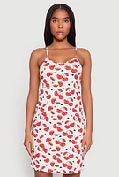 Womens Cherry Heart Print Cami Nightgown and Robe, White, Size M