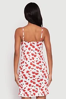 Womens Cherry Heart Print Cami Nightgown and Robe, White, Size M