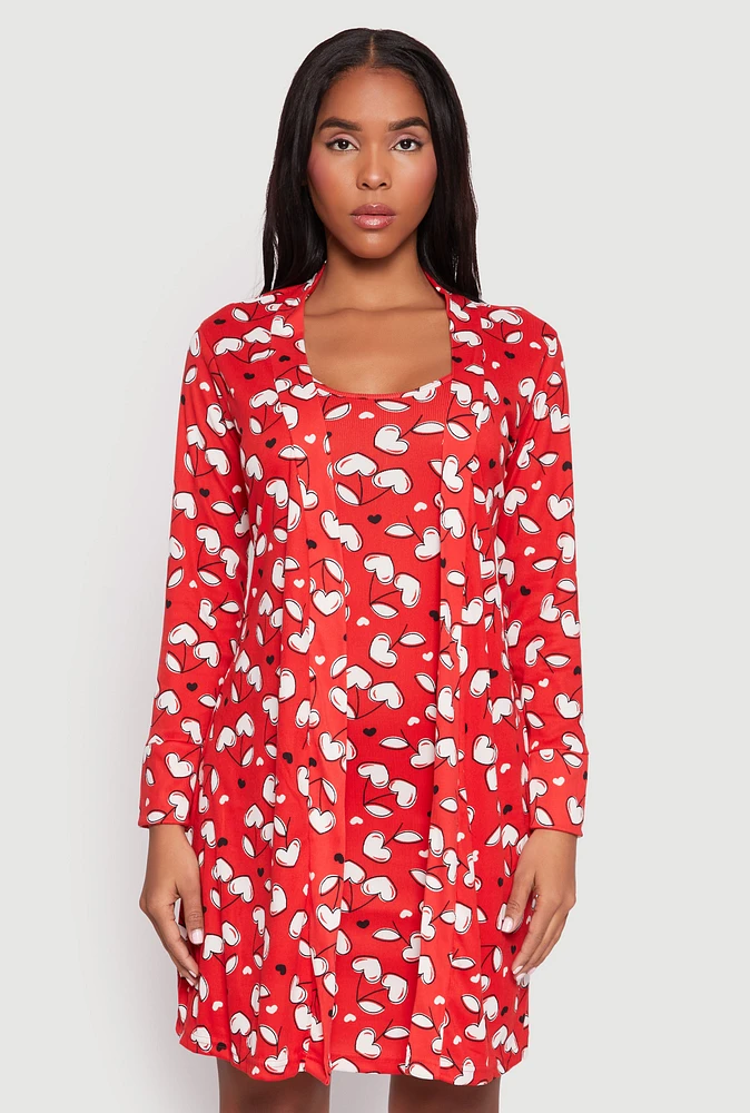 Womens Cherry Heart Print Cami Nightgown and Robe, Red, Size L