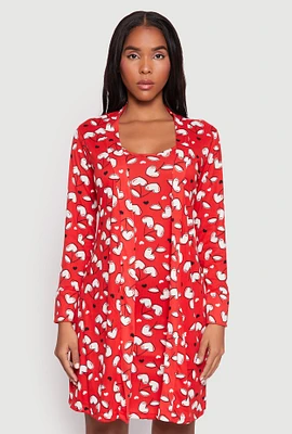 Womens Cherry Heart Print Cami Nightgown and Robe, Red, Size L