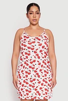 Womens Plus Size Cherry Hearts Cami Nightgown with Robe, White, Size 3X