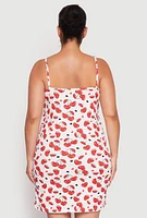 Womens Plus Size Cherry Hearts Cami Nightgown with Robe, White, Size 3X