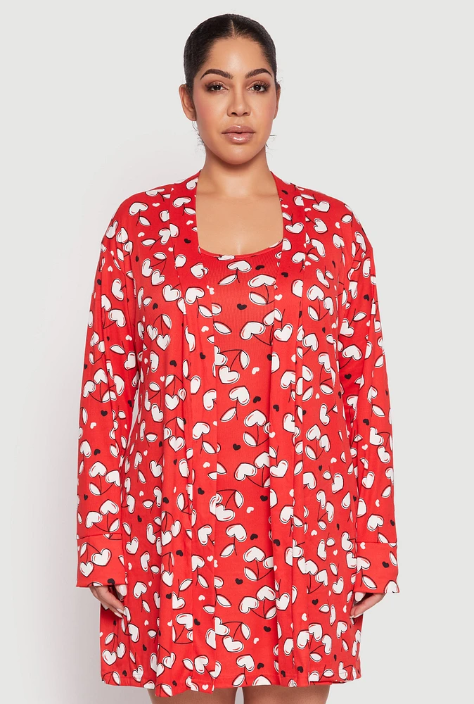 Womens Plus Size Cherry Hearts Cami Nightgown with Robe, Red, Size 2X