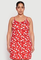 Womens Plus Size Cherry Hearts Cami Nightgown with Robe, Red, Size 3X