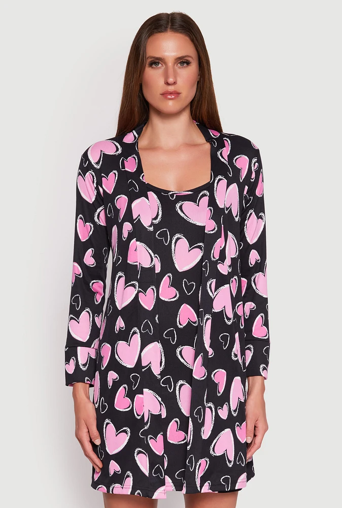 Womens Ribbed Knit Heart Print Cami Nightgown and Robe, Black,