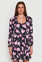 Womens Ribbed Knit Heart Print Cami Nightgown and Robe, Black,