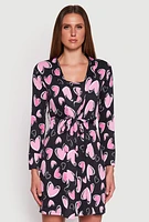 Womens Ribbed Knit Heart Print Cami Nightgown and Robe, Black,