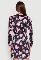 Womens Ribbed Knit Heart Print Cami Nightgown and Robe, Black,