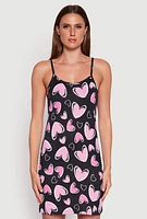 Womens Ribbed Knit Heart Print Cami Nightgown and Robe, Black,