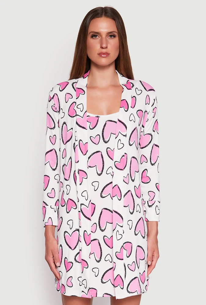 Womens Ribbed Knit Heart Print Cami Nightgown and Robe, White,