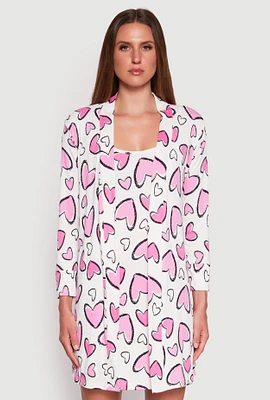 Womens Ribbed Knit Heart Print Cami Nightgown and Robe, White,
