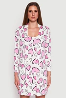Womens Ribbed Knit Heart Print Cami Nightgown and Robe, White,
