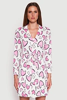 Womens Ribbed Knit Heart Print Cami Nightgown and Robe, White,