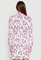 Womens Ribbed Knit Heart Print Cami Nightgown and Robe, White,